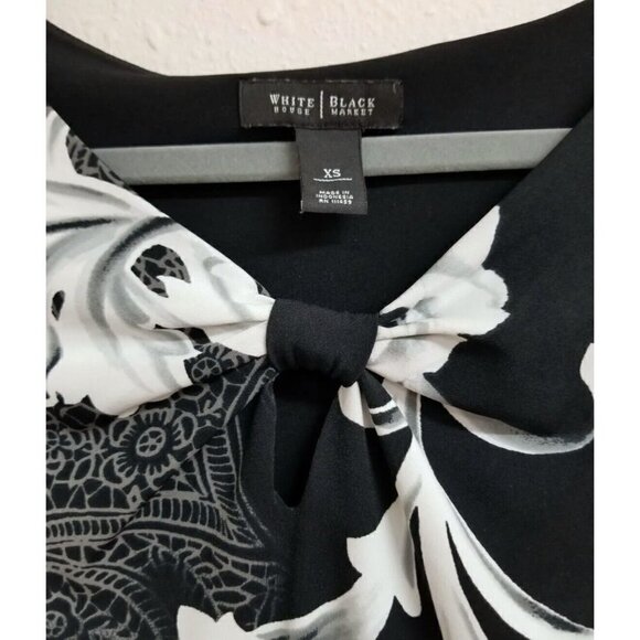 White House Black Market Sz XS Black Floral Print Keyhole Bow Slinky Shift Dress - Picture 5 of 9